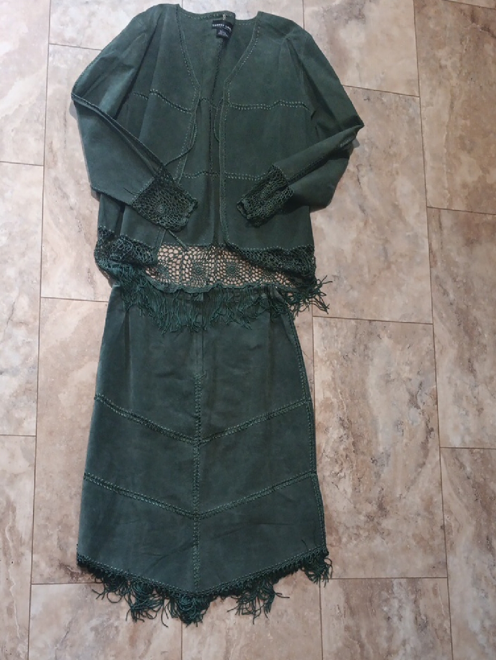 Vintage Dark Green Suede Fringe Skirt Set